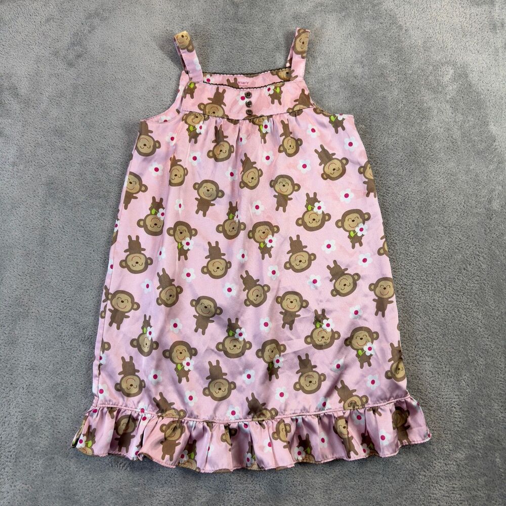 Carter’s Dress Baby Girl 4T Pink Monkey Floral Sleeveless Silk Like Flame Resist